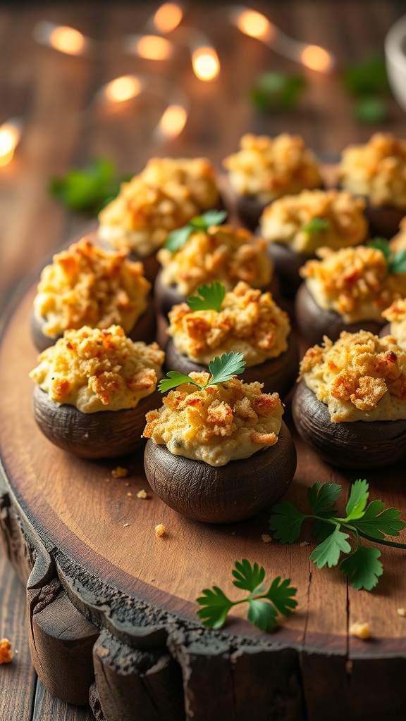 A close-up of stuffed mushrooms filled with cream cheese and herbs, baked to a golden perfection on a wooden platter.